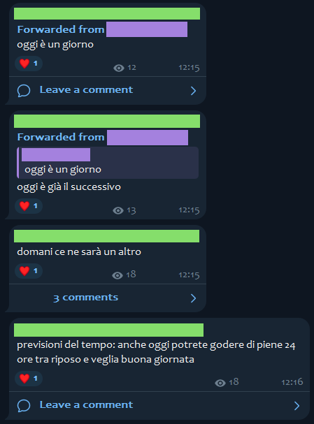 [...], [04/02/2026 12:15]
oggi è un giorno

[...], [04/02/2026 12:15]
oggi è già il successivo

[...], [04/02/2026 12:15]
domani ce ne sarà un altro

[...], [04/02/2026 12:16]
previsioni del tempo: anche oggi potrete godere di piene 24 ore tra riposo e veglia buona giornata