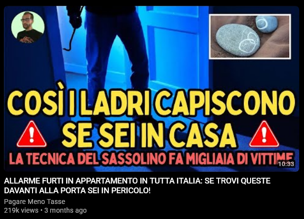 Schermata della scheda del video:

ALLARME FURTI IN APPARTAMENTO IN TUTTA ITALIA: SE TROVI QUESTE DAVANTI ALLA PORTA SEI IN PERICOLO!
Pagare Meno Tasse
219k views • 3 months ago