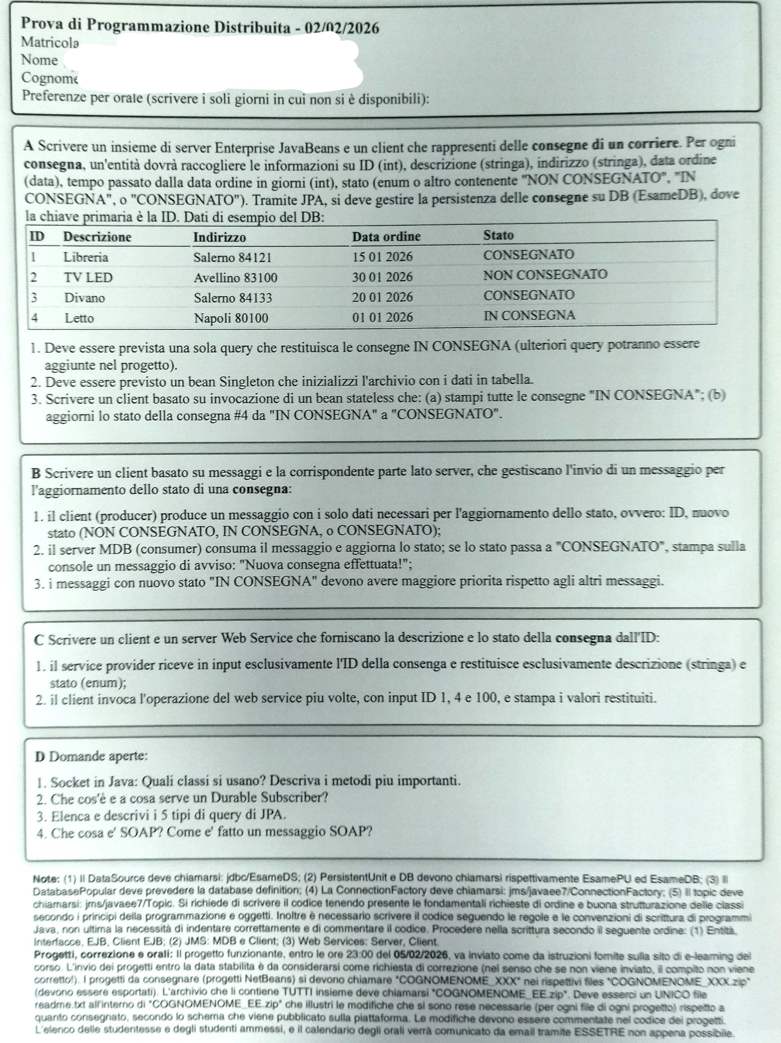Foto del foglio di traccia