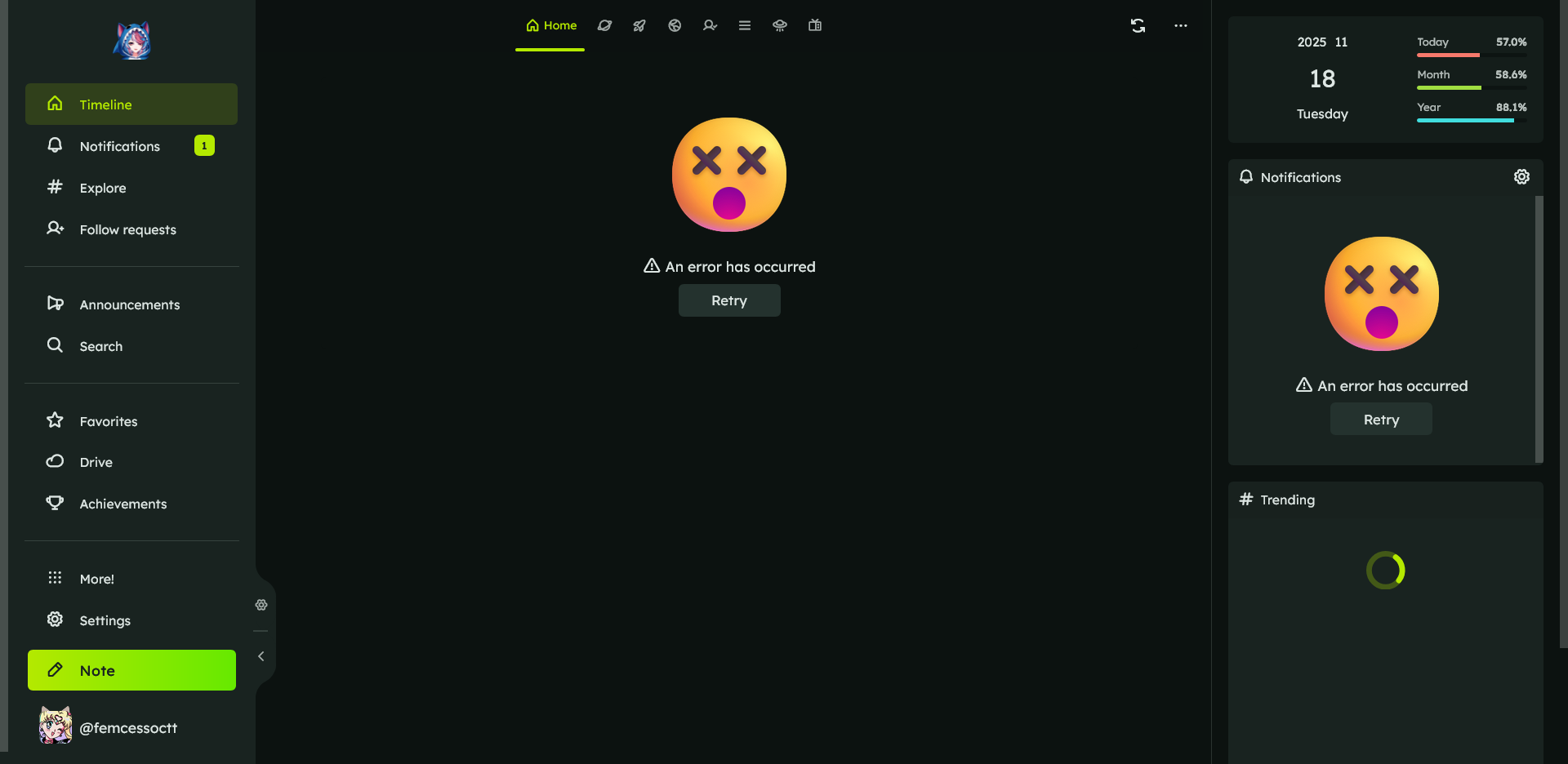 Schermata di Sharkey "An error has occoured" sia sul feed home che le notifiche laterali