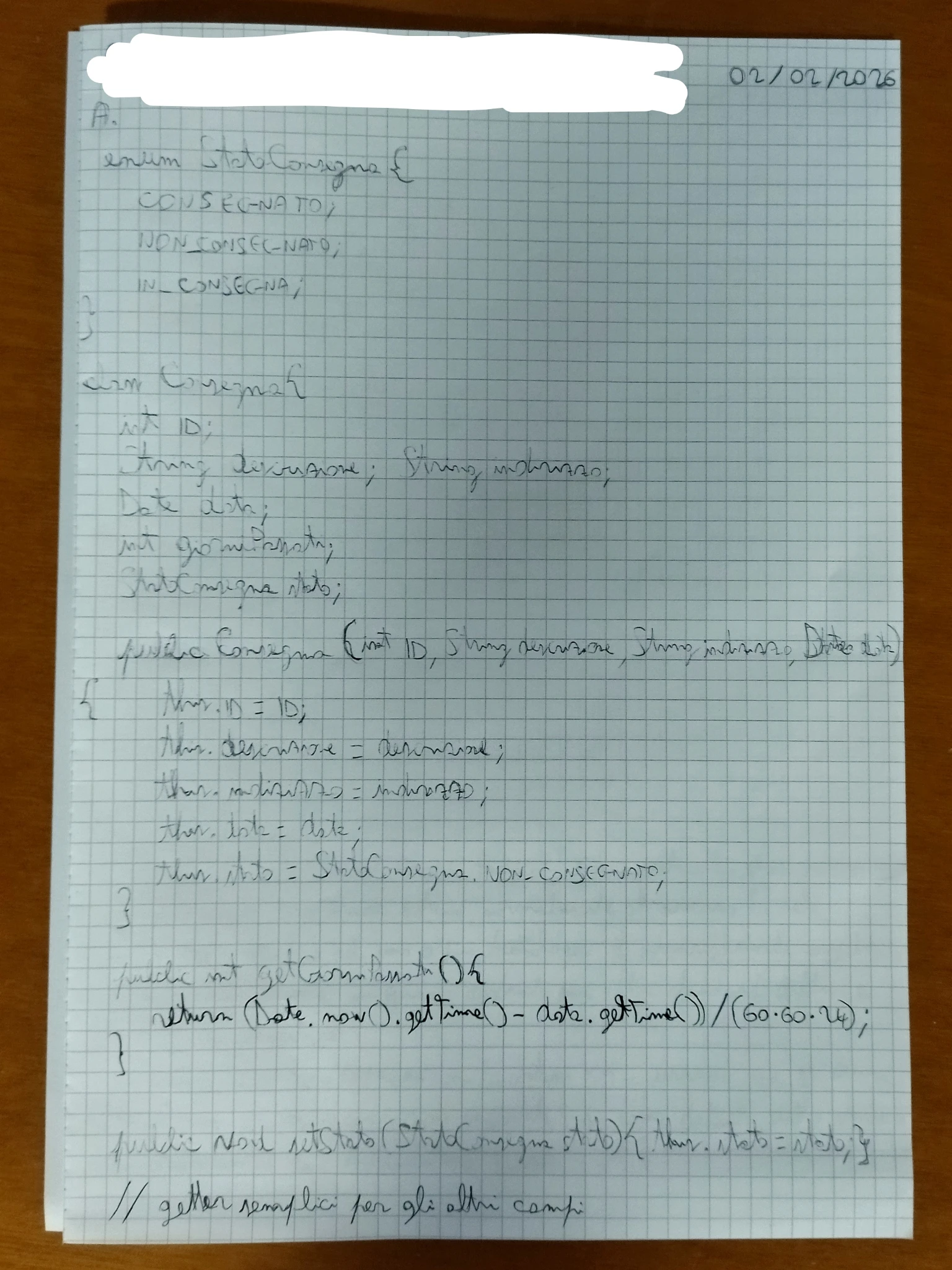 Foto della prima pagina del mio foglio protocollo, con il poco codice Java