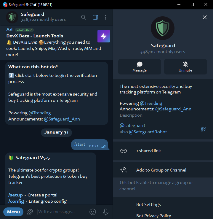 Finestra di Telegram del bot Safeguard originale
