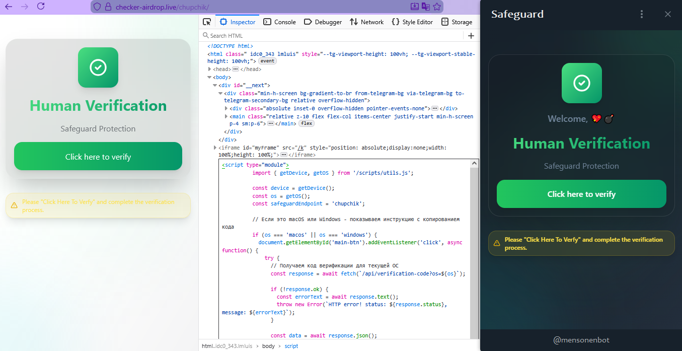 Schermata della pagina iniziale indicata del sito, sia in Firefox con i DevTools aperti per mostrare parte della struttura HTML e del codice JavaScript, sia nel popup di Telegram Desktop.
La pagina dice:

Human Verification

Safeguard Protection

[Click here to verify]

Please "Click Here To Verfy" and complete the verification
process.
