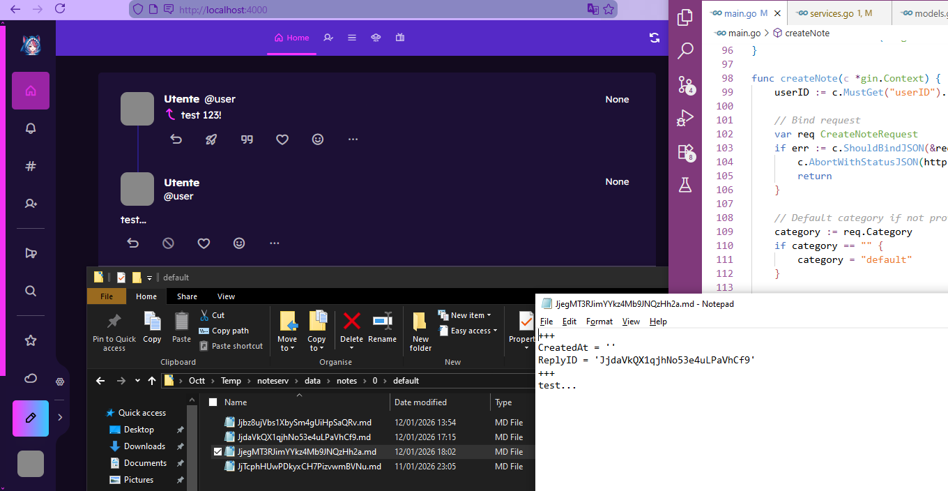 Schermata del mio desktop con sullo sfondo il client Sharkey che carica la timeline home con note di un utente mezzo corrotto, sul lato parte del codice del server in VSCode per fare scena, davanti la cartella delle note in file Markdown, ed una di queste note che si vede nella timeline aperta in Notepad.