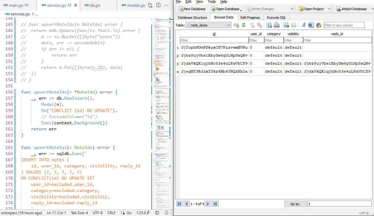 Schermata del mio IDE a sinistra con 3 variazioni di una funzione upsertNoteIdx per funzionare con i 2 database e le loro 3 interfacce; a destra la tabella di cache note_idxes nel database SQLite; sul lato dell'IDE si nota la striscia di navigazione del codice con molto che è commentato via