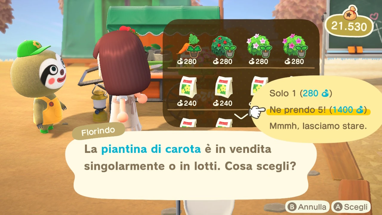 Florindo

La piantina di carota è in vendita
singolarmente o in lotti. Cosa scegli?

- Solo 1 (280 stelline)
-> Ne prendo 5! (1400 stelline)
- Mmmh, lasciamo stare.