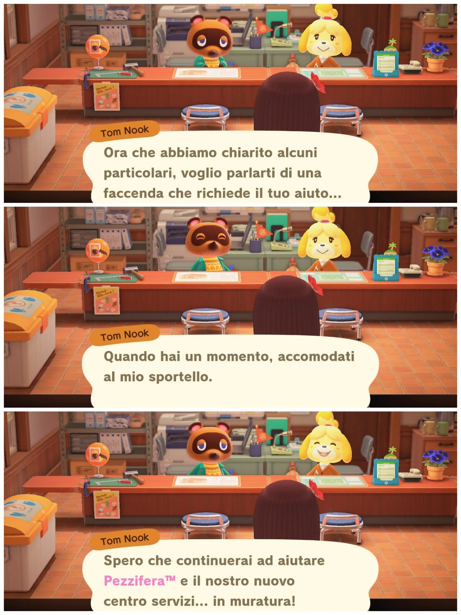 Tom Nook

Ora che abbiamo chiarito alcuni
particolari, voglio parlarti di una
faccenda che richiede il tuo aiuto...
---
Quando hai un momento, accomodati
al mio sportello.
---
Spero che continuerai ad aiutare
Pezzifera™ e il nostro nuovo
centro servizi... in muratura!