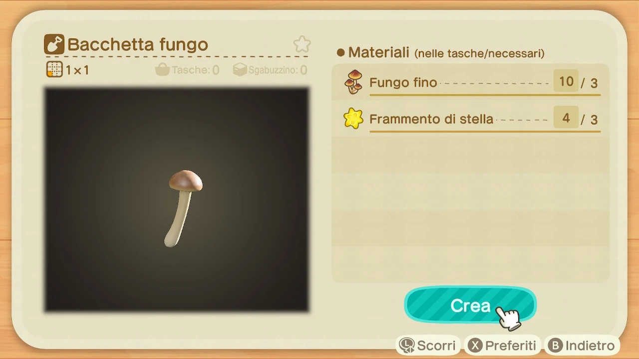 Schermata di crafting della Bacchetta fungo, 1x1