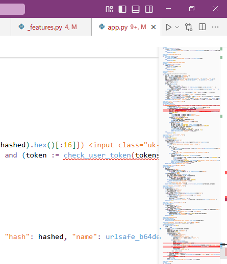 Schermata dell'angolo in alto a destra del mio VSCode con aperti i file app.py e _features.py di Pignio, rispettivamente con 9+ errori e 4 errori. Sul lato si vede la barra di scorrimento con molte linee rosse.