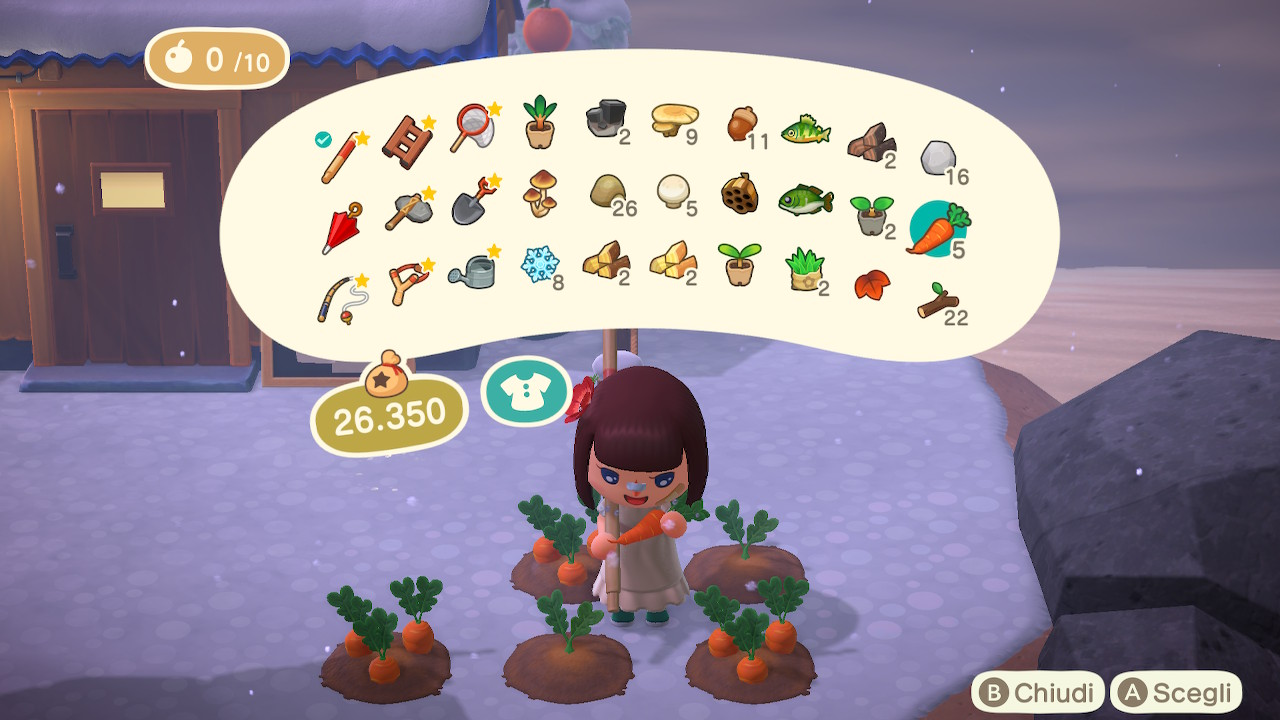 Schermata mentre mangio una carota, il personaggio ha un'espressione compiaciuta in questo frame