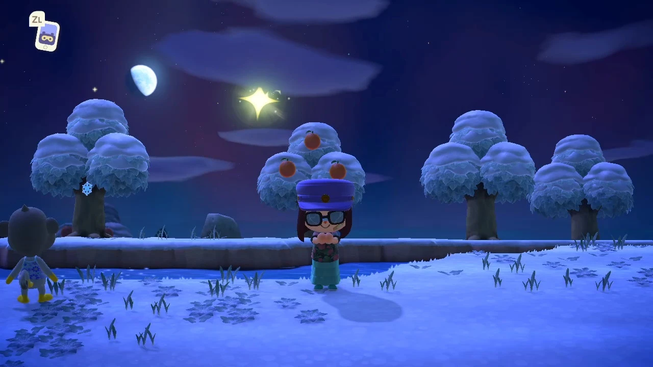 Foto sul frame dove il desiderio è espresso, la stella cadente si illumina al massimo, e il mio personaggio tiene le mani sul petto e lo sguardo basso